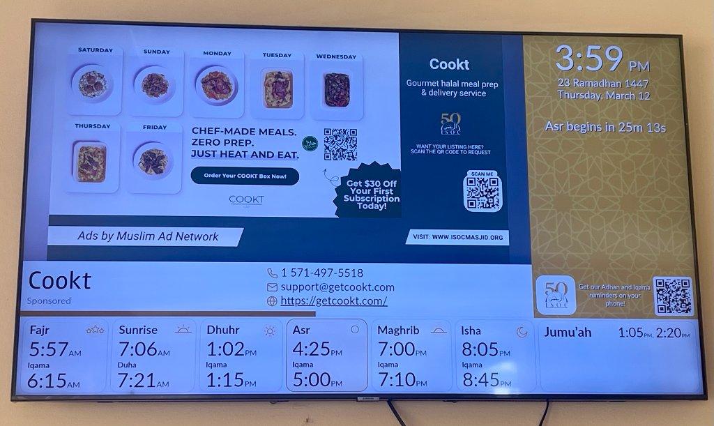 Cookt advert on the screen at Islamic Society of Orange County (ISOC)