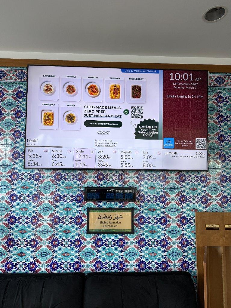 Cookt advert on the screen at Jersey Masjid Islamic Center (JMIC)