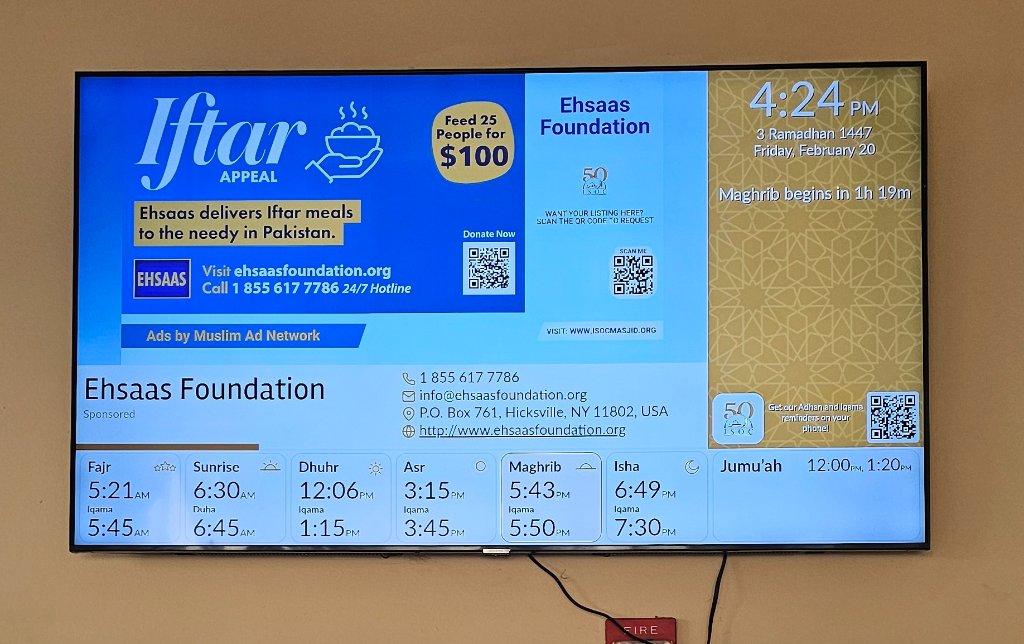 Ehsaas Foundation advert on the screen at Islamic Society of Orange County (ISOC)